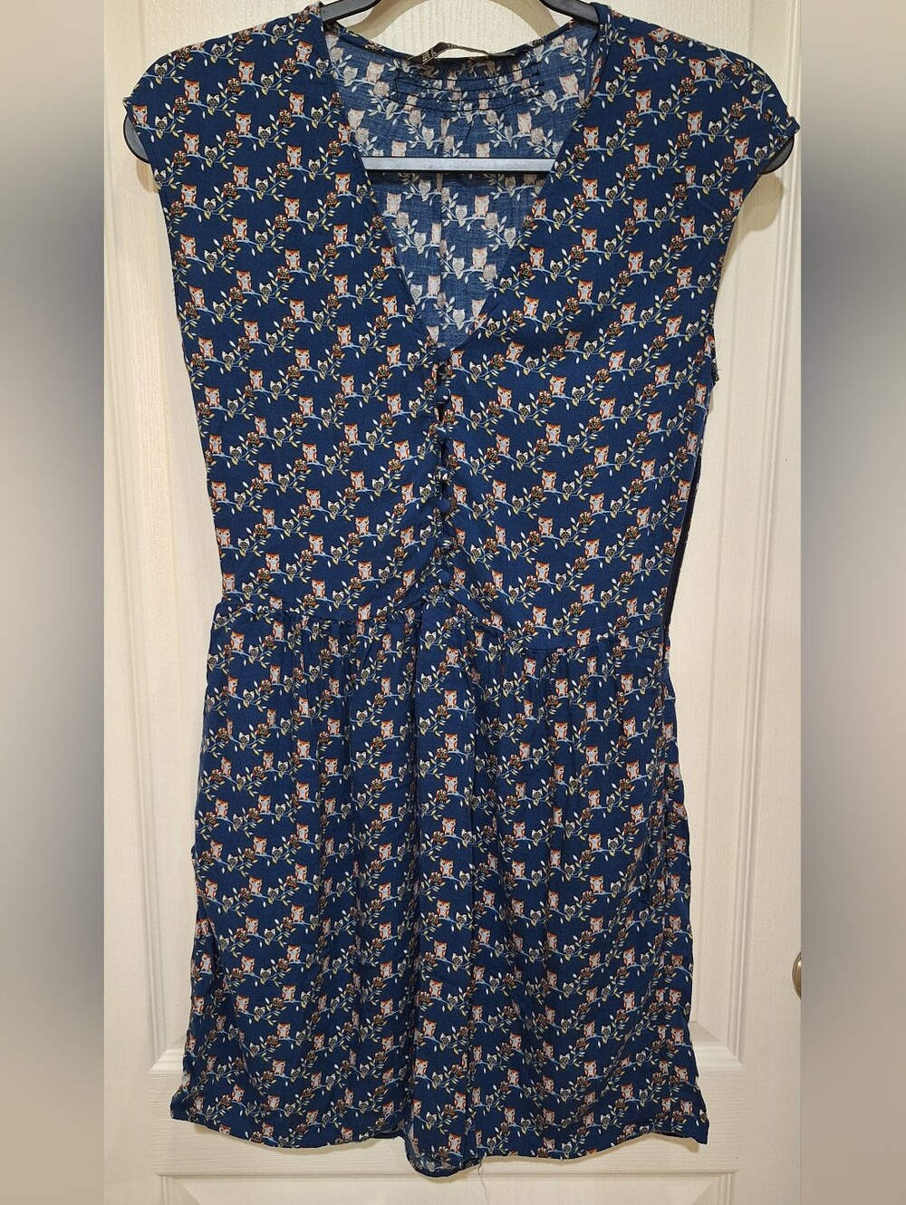 Zara Trafaluc Navy Blue Owl Print Mini Dress Sz S Button Up Front Whimsical